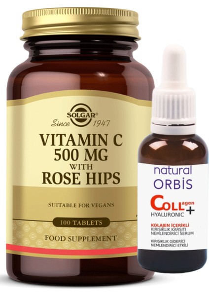 Vitamin C Rose (Roze) Hips 500 Mg 100 Tablet + (Natural Orbıs +Hyaluronic Acid Serum 30 ml )