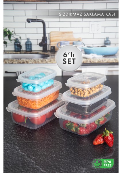 Aes Home Nare Dikdörtgen Sızdırmaz Hava Almaz Erzak Saklama Kabı Şeffaf 0,35 Lt x 2- 0,67 Lt x 2- 1,20 Lt x 2 (6 Lı Set)