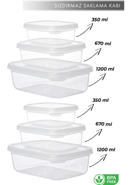 Aes Home Nare Dikdörtgen Sızdırmaz Hava Almaz Erzak Saklama Kabı Şeffaf 0,35 Lt x 2- 0,67 Lt x 2- 1,20 Lt x 2 (6 Lı Set)