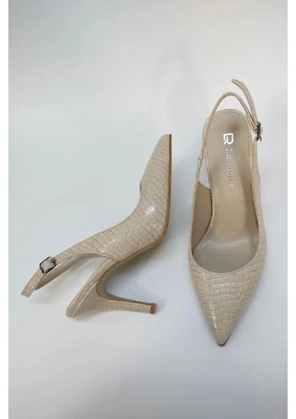 Bej Yılan Derisi Desenli Stiletto Sivri Burun Kadın Topuklu Ayakkabı