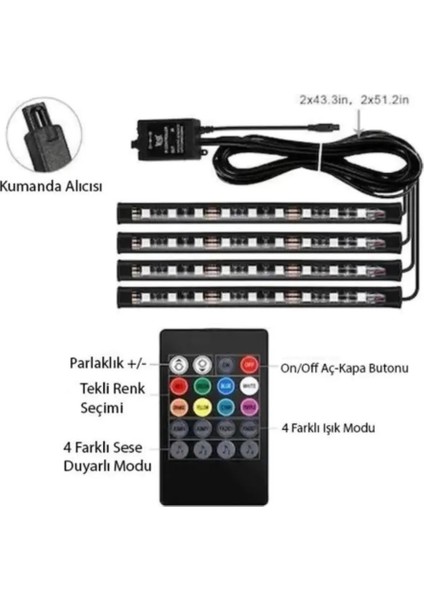 4 Parçalı Uzaktan Kumanda Bluetooth Kontrollü Atmosfer Işık 36 LED -36 Atmosfer LED