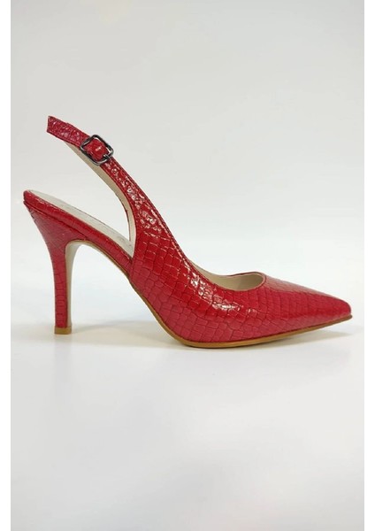 Kırmızı Yılan Derisi Desenli Stiletto Sivri Burun Kadın Topuklu Ayakkabı