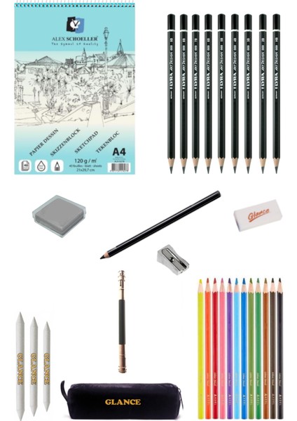 Alex Schoeller Eskiz Blok Defter 120GR A4 40 Yaprak Kuruboya Kalemi Rulo Kalemlik Çizim Eskiz Seti