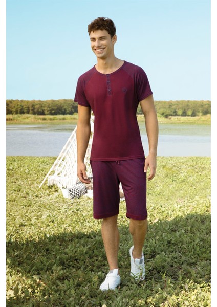 Erkek Bordo %100 Pamuk T-Shirt Şort Pijama Takımı 4873