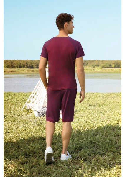 Erkek Bordo %100 Pamuk T-Shirt Şort Pijama Takımı 4873