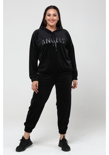 Kadın Büyük Beden Kadife Angels Yazı ve Kanat Desenli Siyah Eşofman Takımı10 fiyatları