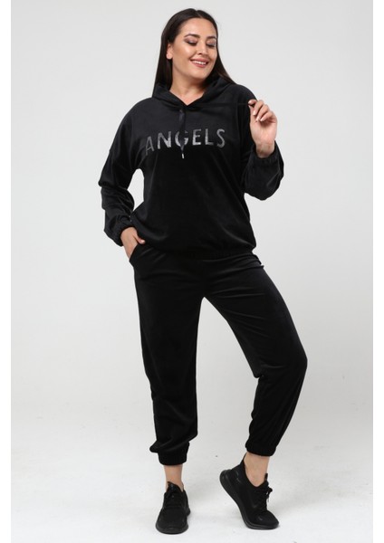 Kadın Büyük Beden Kadife Angels Yazı ve Kanat Desenli Siyah Eşofman Takımı10 modelleri