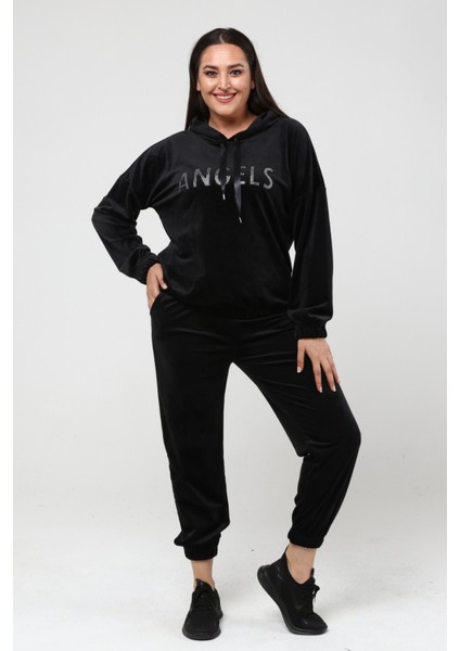 Kadın Büyük Beden Kadife Angels Yazı ve Kanat Desenli Siyah Eşofman Takımı10 fırsatları