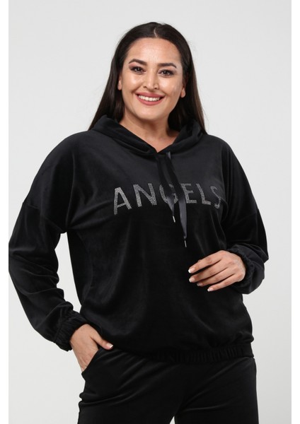 Kadın Büyük Beden Kadife Angels Yazı ve Kanat Desenli Siyah Eşofman Takımı10 indirimleri