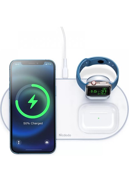 3in1 iPhone Uyumlu Air Pod Apple Watch Uyumlu Magsafe Kablosuz Şarj Cihazı Beyaz CH-7060