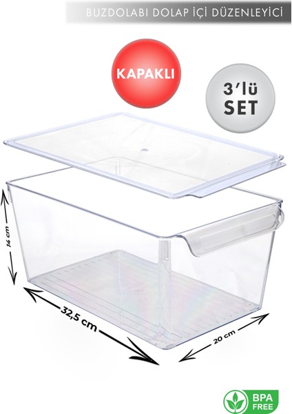 Aes Home Maxi-Midi-Mini - Buzdolabı Içi Düzenleyici-Organizer Kapaklı  Büyük -Orta -Küçük Boy Şeffaf (Kapaklı)