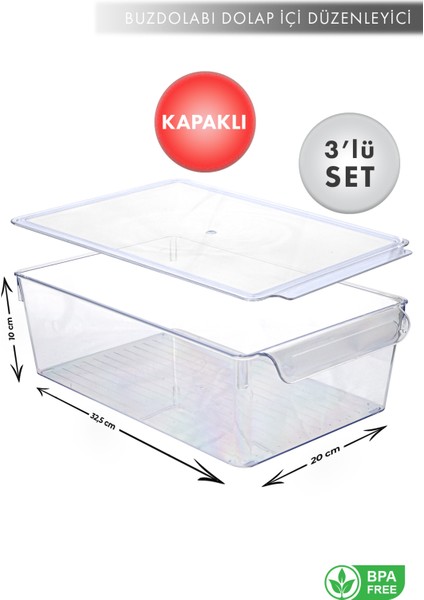 Aes Home Maxi-Midi-Mini - Buzdolabı Içi Düzenleyici-Organizer Kapaklı  Büyük -Orta -Küçük Boy Şeffaf (Kapaklı)