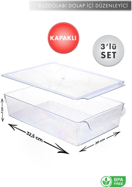 Aes Home Maxi-Midi-Mini - Buzdolabı Içi Düzenleyici-Organizer Kapaklı  Büyük -Orta -Küçük Boy Şeffaf (Kapaklı)