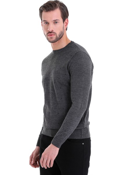Erkek Gri Desenli Bisiklet Yaka Yünlü Triko Kazak