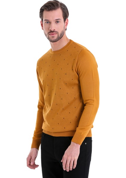 Erkek Hardal Desenli Bisiklet Yaka Yünlü Triko Kazak