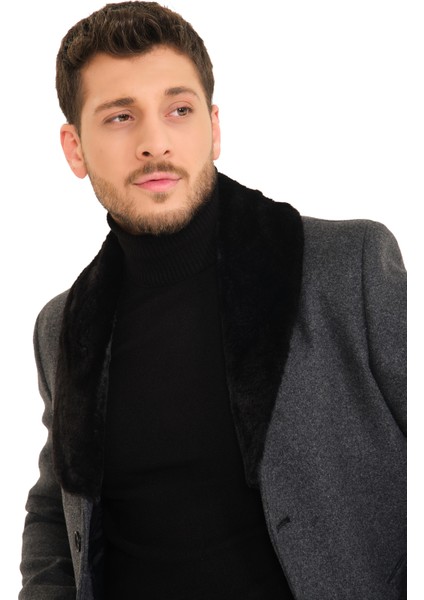 Kürklü V Yaka Açık Füme Kaşe Kaban fırsatları