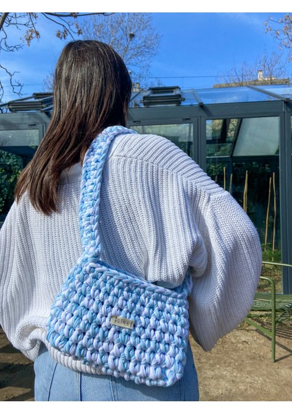 Örgü El Yapımı Mavi-Beyaz Kadın Baget Çanta modelleri