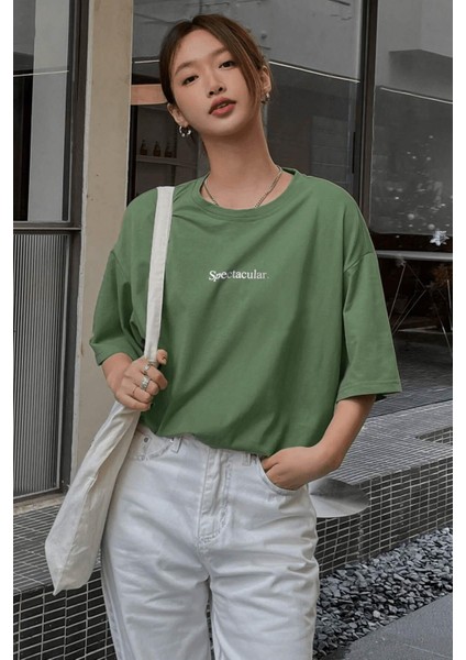 Spectacular Açık Yeşil Oversize Salas Boyfriend Kadın T-Shirt