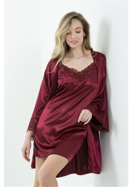 37430 Kadın Krep Saten Dantelli Sabahlık-Bordo