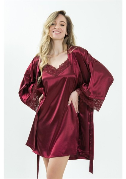 37430 Kadın Krep Saten Dantelli Sabahlık-Bordo indirimleri