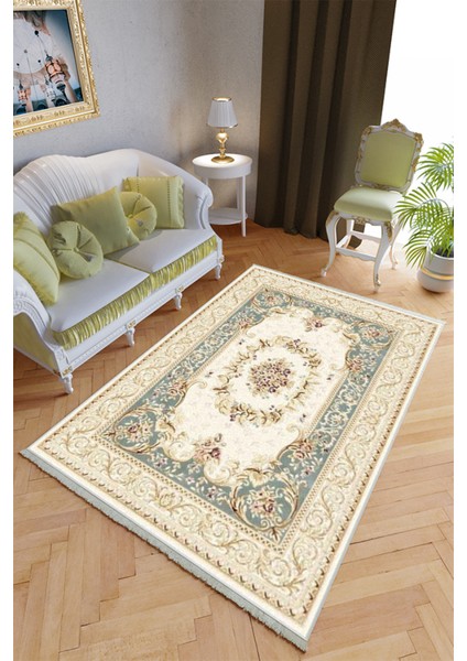 Klasik Salon Halısı Yeşil Kahverengi Yolluk Kaymaz Yuvarlak Oval Kesme Ince Yıkanabilir Halı