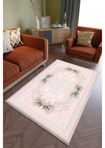 Salon Halısı Otantik Pembe Yolluk Kaymaz Yuvarlak Oval Kesme Ince Yıkanabilir Halı