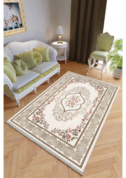 Klasik Salon Halısı Ekru Yolluk Kaymaz Yuvarlak Oval Kesme Ince Yıkanabilir Halı