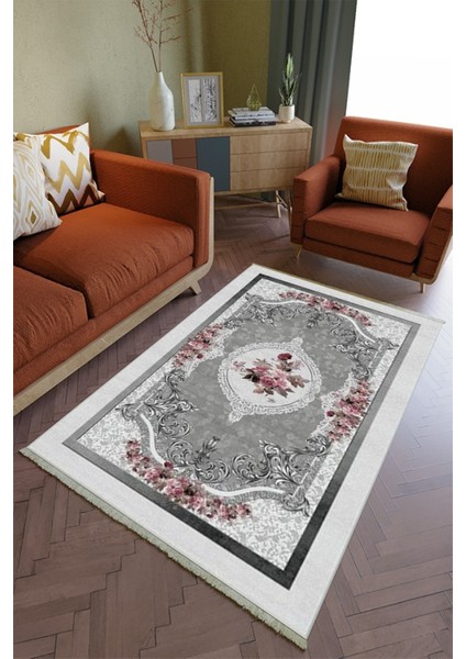 Salon Halısı Otantik Gri Pembe Yolluk Kaymaz Yuvarlak Oval Kesme Ince Yıkanabilir Halı