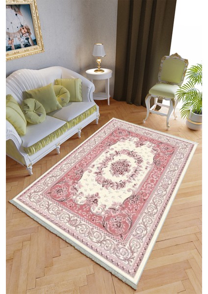 Klasik Salon Halısı Mor - Ekru Ekru Yolluk Kaymaz Yuvarlak Oval Kesme Ince Yıkanabilir Halı