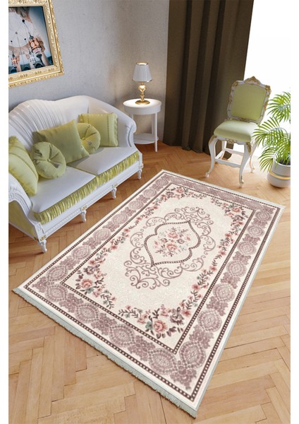 Klasik Salon Halısı Mor Ekru Yolluk Kaymaz Yuvarlak Oval Kesme Ince Yıkanabilir Halı