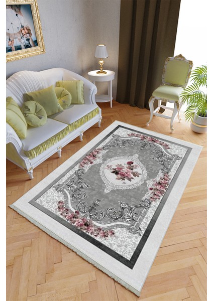 Klasik Salon Halısı Gri Pembe Yolluk Kaymaz Yuvarlak Oval Kesme Ince Yıkanabilir Halı