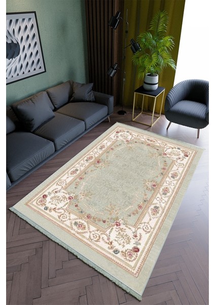 Salon Halısı Modern Turkuaz Krem Yolluk Kaymaz Yuvarlak Oval Kesme Ince Yıkanabilir Halı