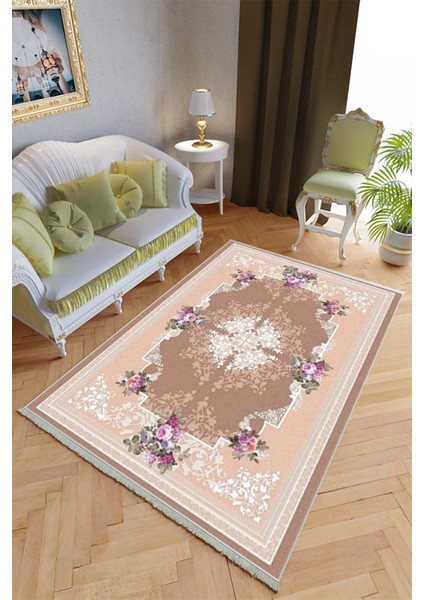 Klasik Salon Halısı Pembe Kahverengi Yolluk Kaymaz Yuvarlak Oval Kesme Ince Yıkanabilir Halı