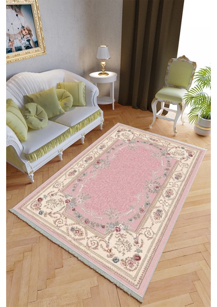 Klasik Salon Halısı Pembe Krem Yolluk Kaymaz Yuvarlak Oval Kesme Ince Yıkanabilir Halı