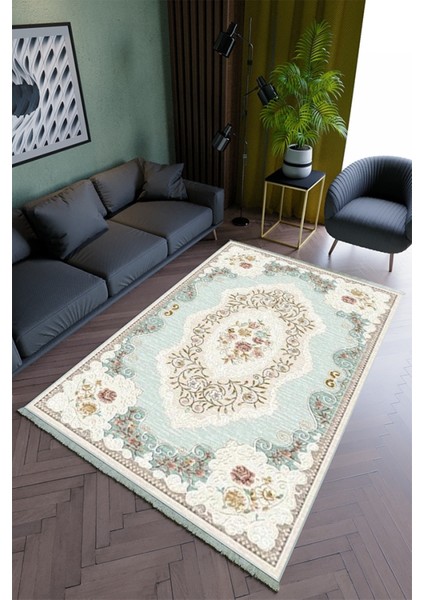 Salon Halısı Modern Yeşil Yolluk Kaymaz Yuvarlak Oval Kesme Ince Yıkanabilir Halı