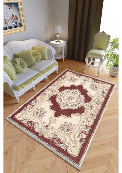 Klasik Salon Halısı Bordo Krem Yolluk Kaymaz Yuvarlak Oval Kesme Ince Yıkanabilir Halı