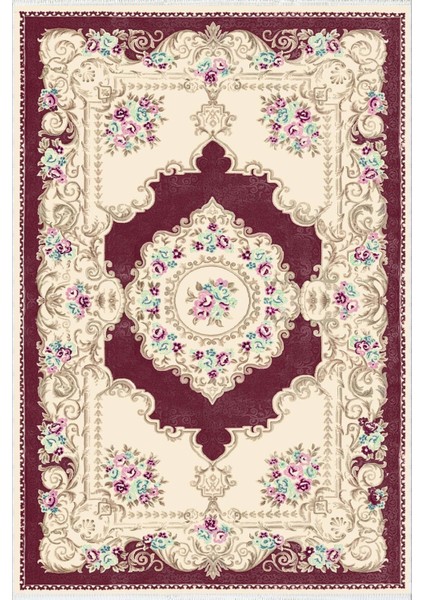 Klasik Salon Halısı Bordo Krem Yolluk Kaymaz Yuvarlak Oval Kesme Ince Yıkanabilir Halı