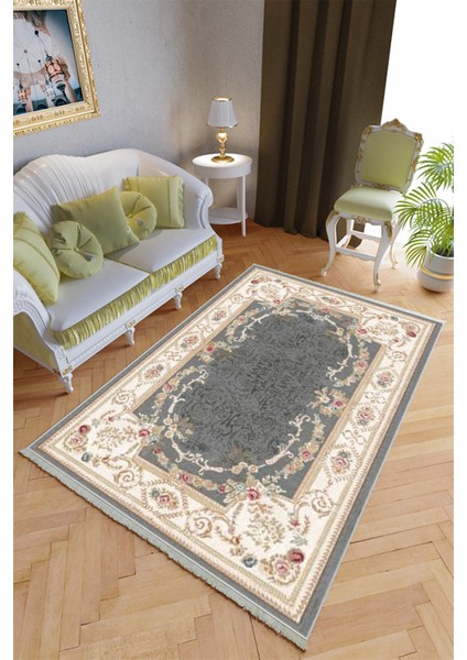 Klasik Salon Halısı Lacivert Krem Yolluk Kaymaz Yuvarlak Oval Kesme Ince Yıkanabilir Halı