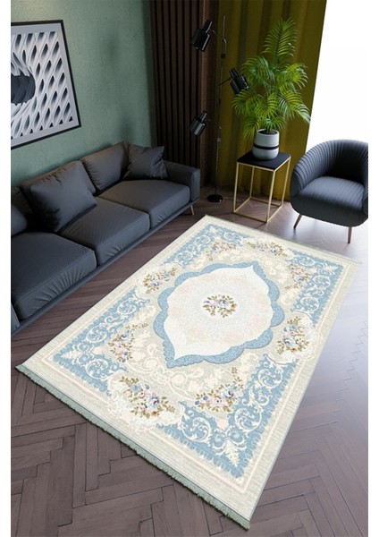 Salon Halısı Modern Mavi Yolluk Kaymaz Yuvarlak Oval Kesme Ince Yıkanabilir Halı