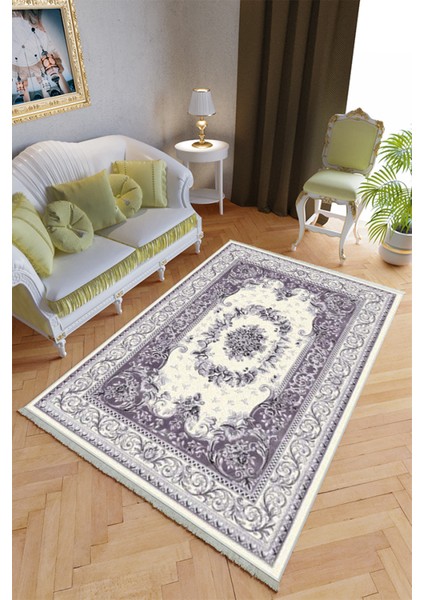 Klasik Salon Halısı Mor Yolluk Kaymaz Yuvarlak Oval Kesme Ince Yıkanabilir Halı