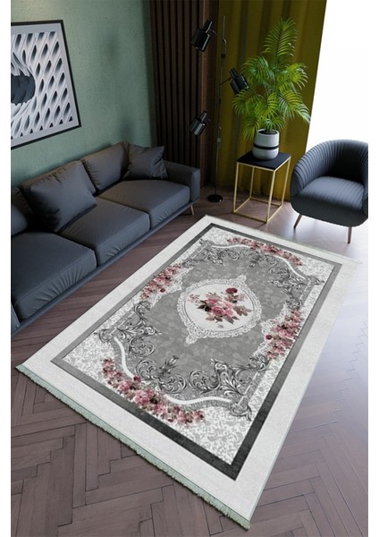 Salon Halısı Modern Gri Pembe Yolluk Kaymaz Yuvarlak Oval Kesme Ince Yıkanabilir Halı