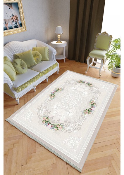 Klasik Salon Halısı Ekru Yolluk Kaymaz Yuvarlak Oval Kesme Ince Yıkanabilir Halı