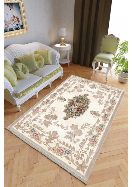 Klasik Salon Halısı Ekru Krem Yolluk Kaymaz Yuvarlak Oval Kesme Ince Yıkanabilir Halı