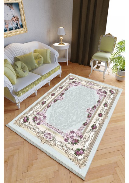 Klasik Salon Halısı Mor - Mavi Krem Yolluk Kaymaz Yuvarlak Oval Kesme Ince Yıkanabilir Halı