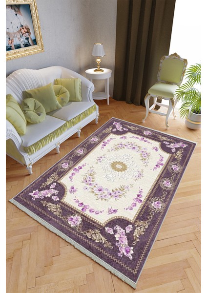 Klasik Salon Halısı Mor Yolluk Kaymaz Yuvarlak Oval Kesme Ince Yıkanabilir Halı
