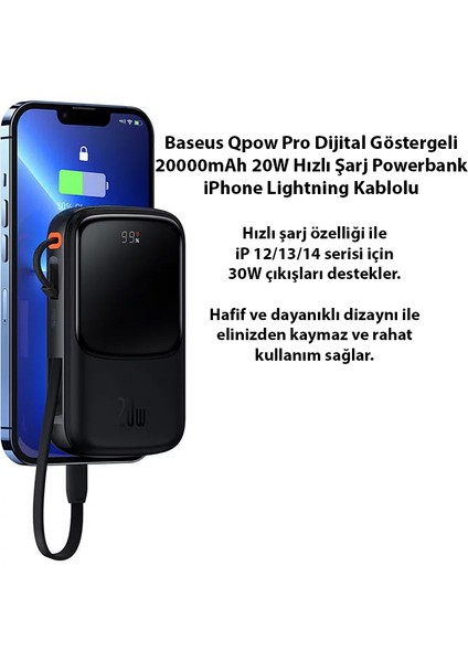 Qpow Pro Dijital Göstergeli 20000MAH 20W Hızlı Şarj Powerbank iPhone Lightning Kablolu