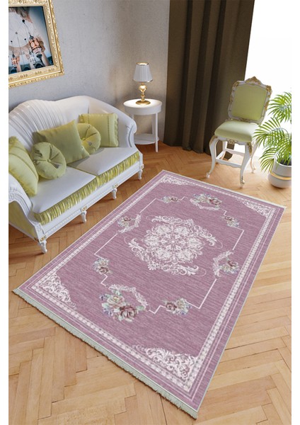 Klasik Salon Halısı Mor Yolluk Kaymaz Yuvarlak Oval Kesme Ince Yıkanabilir Halı
