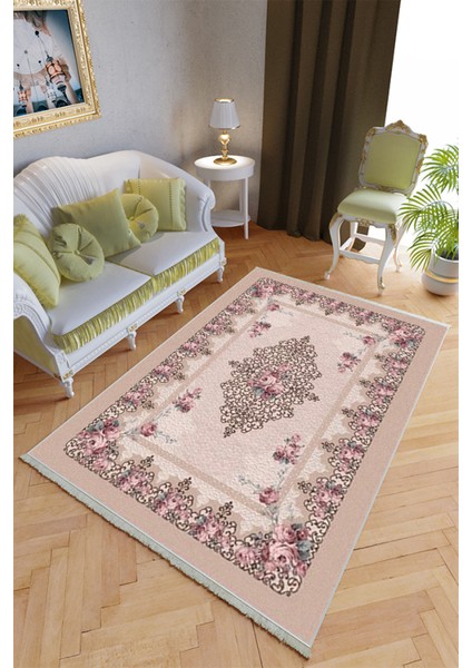 Klasik Salon Halısı Pembe Mor Yolluk Kaymaz Yuvarlak Oval Kesme Ince Yıkanabilir Halı