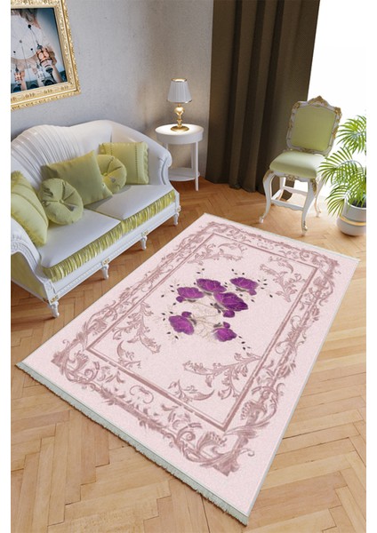 Klasik Salon Halısı Mor - Pembe Mor Yolluk Kaymaz Yuvarlak Oval Kesme Ince Yıkanabilir Halı