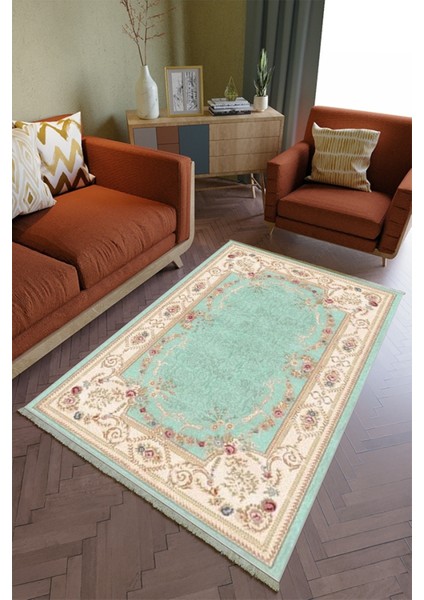 Salon Halısı Otantik Turkuaz Krem Yolluk Kaymaz Yuvarlak Oval Kesme Ince Yıkanabilir Halı